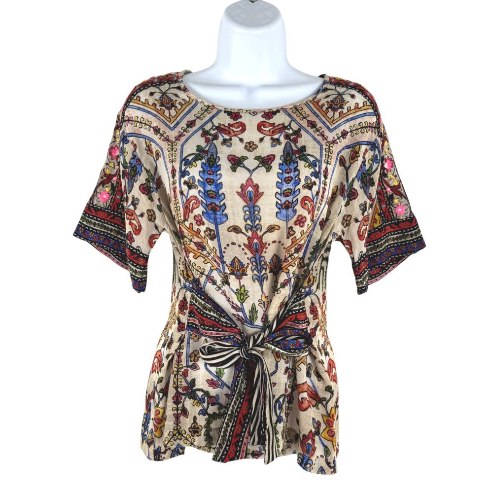 Vineet‎ Bahl Meknes Blouse Top XS Floral Printed Embroidered Tie Front TP-3282